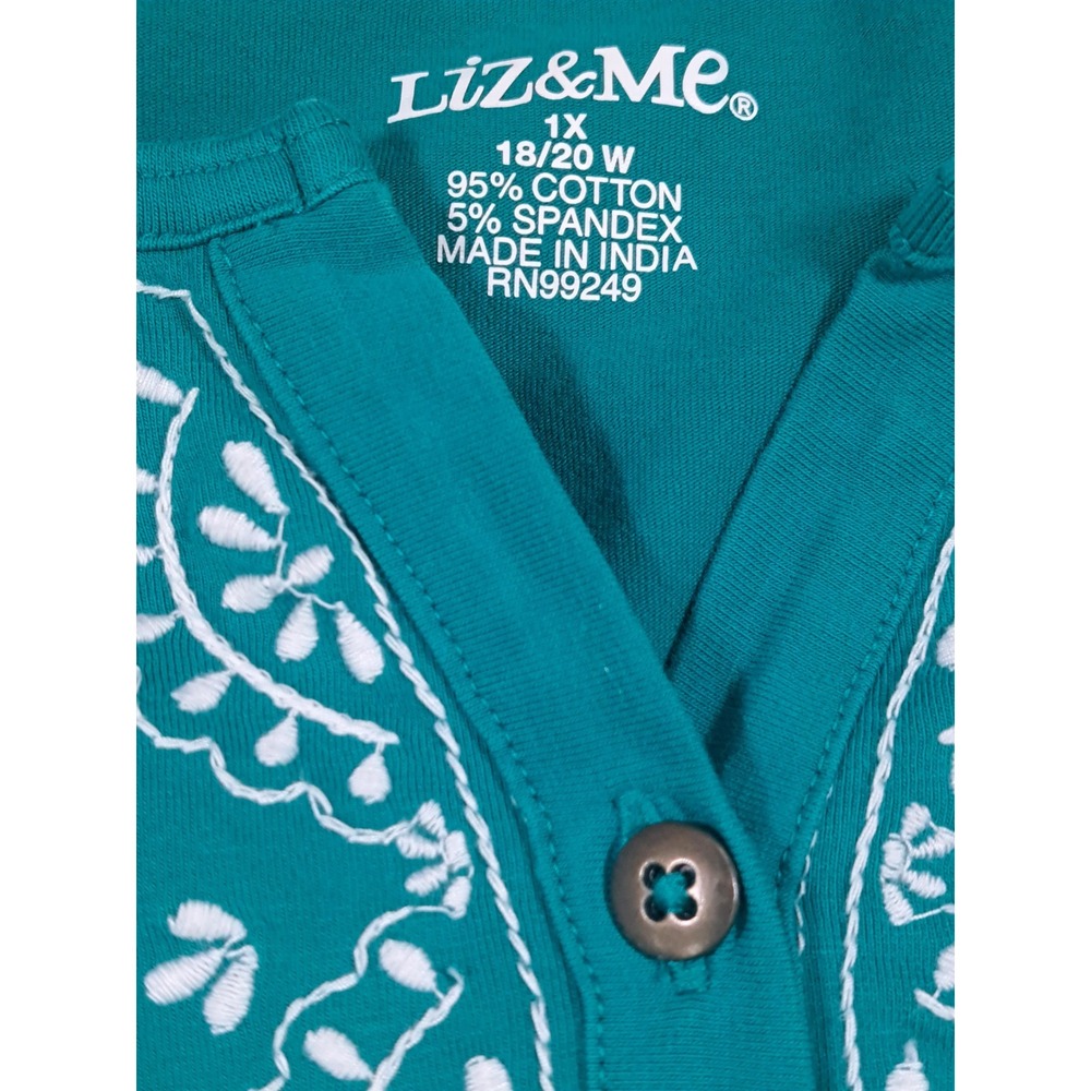 Liz & Me Womens 1X 18/20W Teal Henley Top White Embroidered Short Sleeve Cotton - Picture 8 of 8